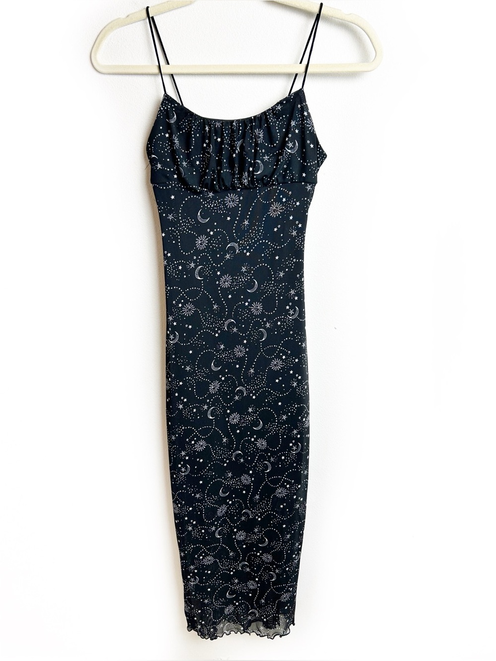 Y2K Celestial Sun Moon Stars Mesh Midi Spaghetti Strap Slip Dress Witchcore S